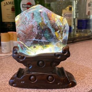 Gorgeous Brazilian, smoky 4 seasons garden quartz with lighted sandalwood stand